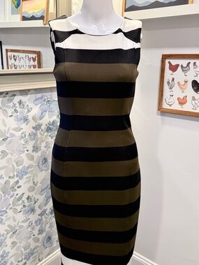H&M Olive Green and Black Striped Sheath Dress
